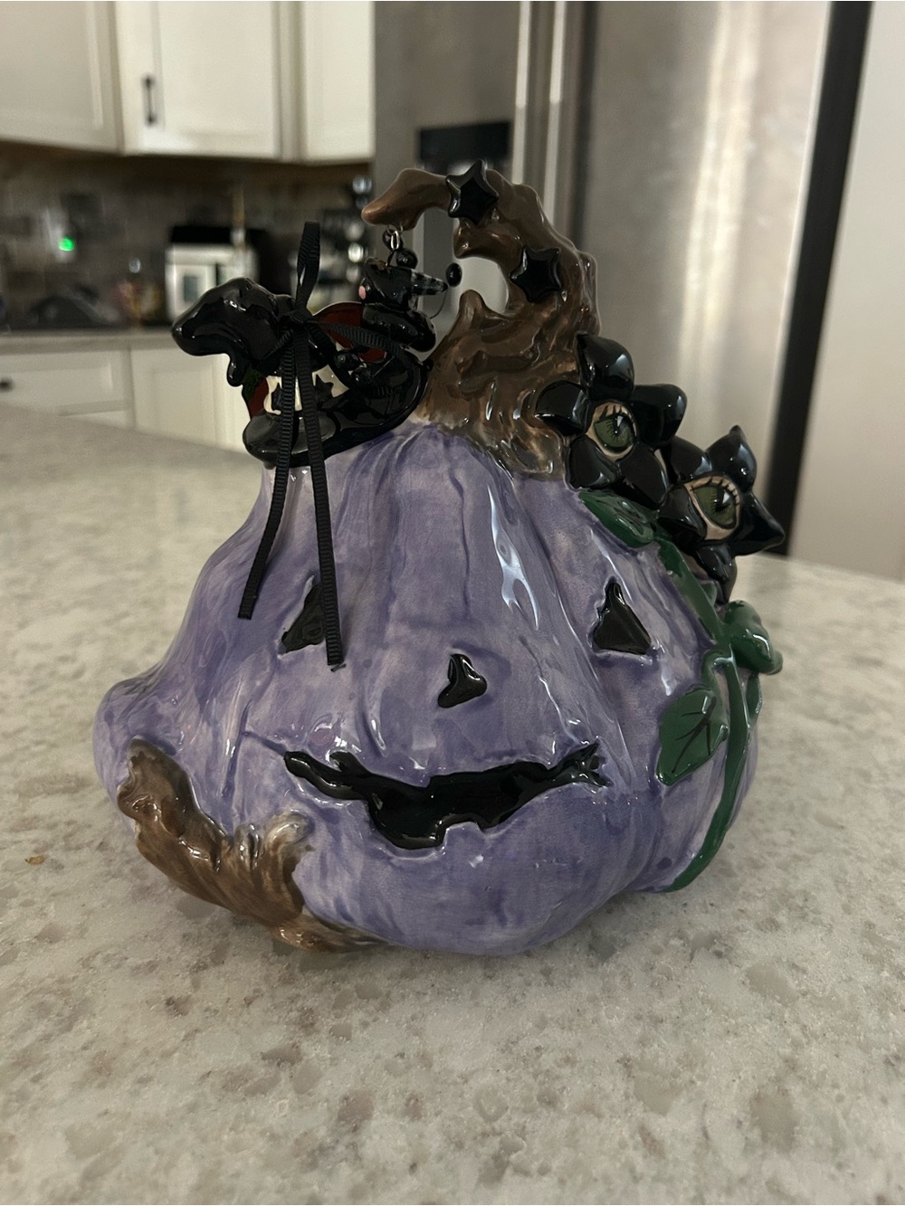 “New” Blue Sky Clayworks Purple Ceramic Halloween Pumpkin Figurine with Accents